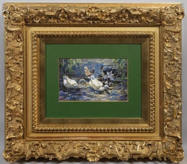 Entenschwarm Am Sonnigen Schilfufer Oil Painting by Alexander Max Koester