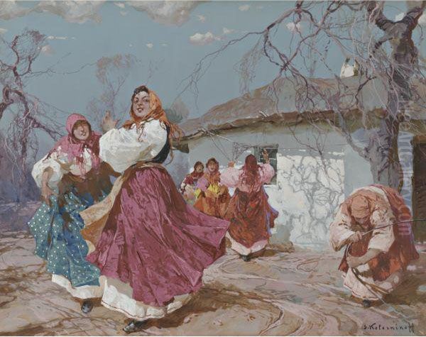 Dancing Peasant Women Oil Painting by Stepan Feodorovich Kolesnikov