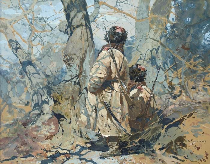 On The Lookout Signed In Cyrillic Oil Painting by Stepan Feodorovich Kolesnikov
