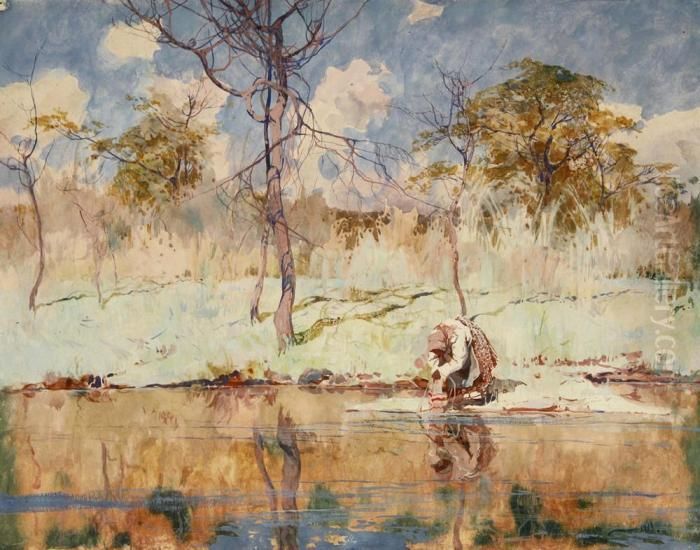A Peasant Washerwoman Oil Painting by Stepan Feodorovich Kolesnikov