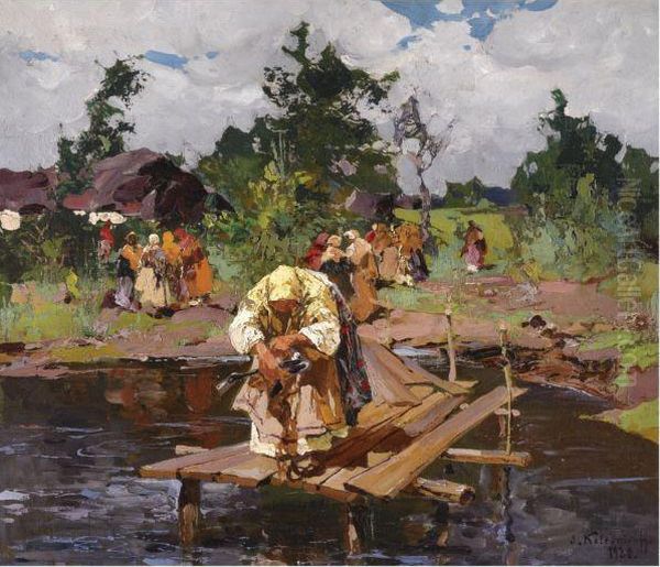 Peasants By A Lake Oil Painting by Stepan Feodorovich Kolesnikov