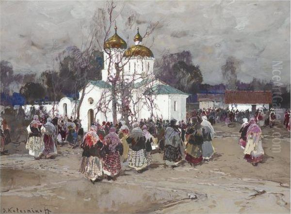 Going To Church Oil Painting by Stepan Feodorovich Kolesnikov