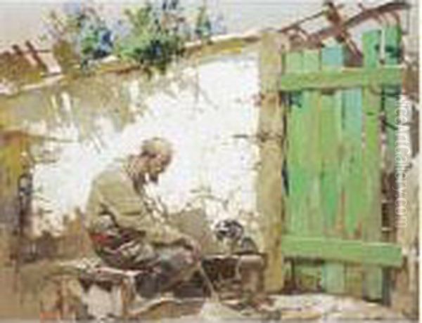 Seated Peasant Oil Painting by Stepan Feodorovich Kolesnikov