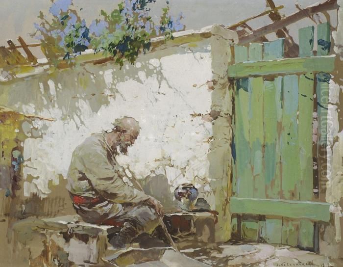 Alter Bauer Vor Der Hofmauer Sitzend Oil Painting by Stepan Feodorovich Kolesnikov