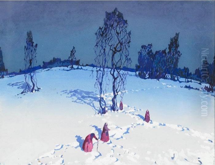 Women On A Snowy Hillside Oil Painting by Stepan Feodorovich Kolesnikov