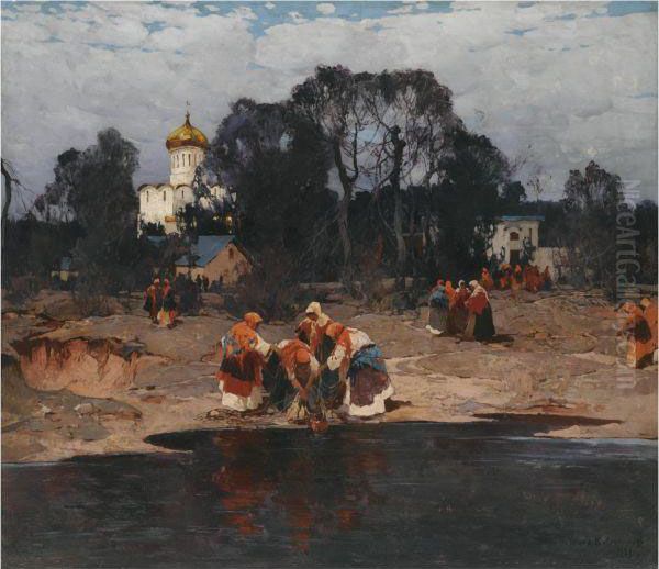 Women By A Lake Oil Painting by Stepan Feodorovich Kolesnikov