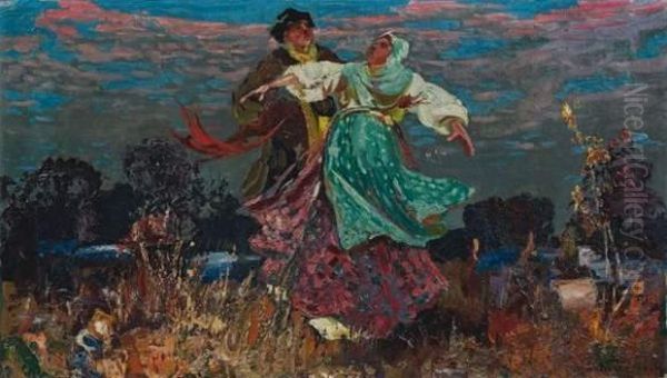 Couple De Danseurs Dans La Campagne Russe Oil Painting by Stepan Feodorovich Kolesnikov
