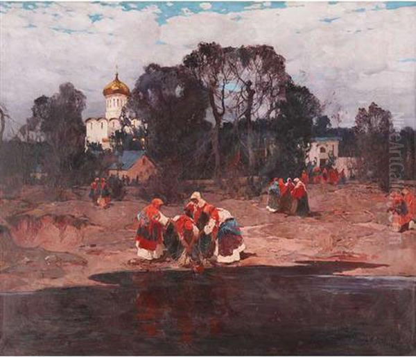 Village Scene With Women Fetching Water Oil Painting by Stepan Feodorovich Kolesnikov