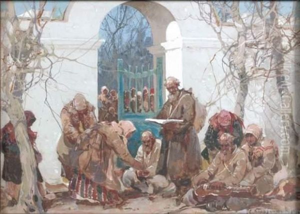 Les Mendiants A La Porte De L'eglise Oil Painting by Stepan Feodorovich Kolesnikov