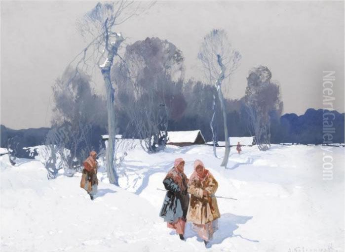 A Winter's Walk Oil Painting by Stepan Feodorovich Kolesnikov