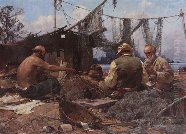 Fishermen Repairing Nets Oil Painting by Stepan Feodorovich Kolesnikov