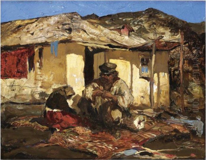 Carpet Makers In Southern Russia Oil Painting by Stepan Feodorovich Kolesnikov
