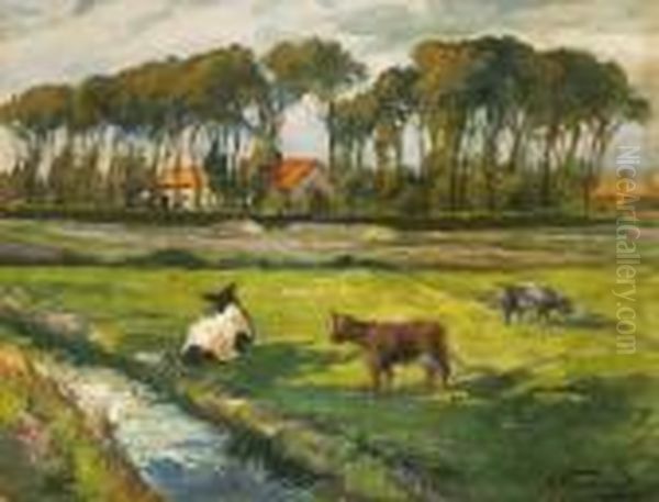 Kuhe In Sommmer-dorflandschaft Oil Painting by Stepan Feodorovich Kolesnikov