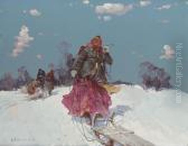 Sledging Oil Painting by Stepan Feodorovich Kolesnikov
