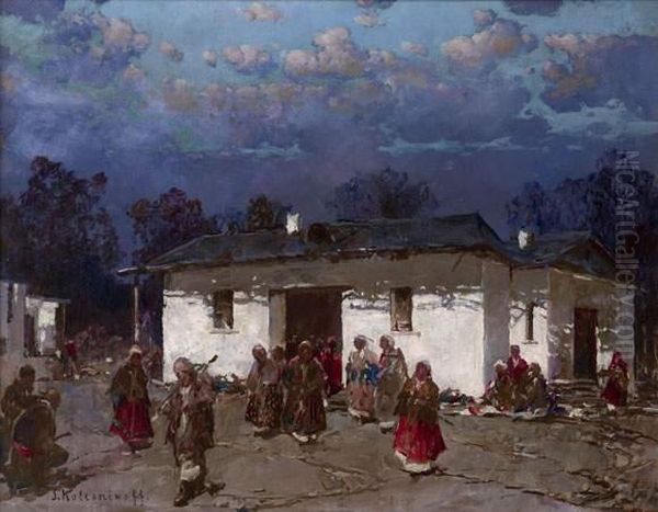 Rural Scene At Twilight Oil Painting by Stepan Feodorovich Kolesnikov
