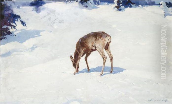 Deer In The Snow Oil Painting by Stepan Feodorovich Kolesnikov