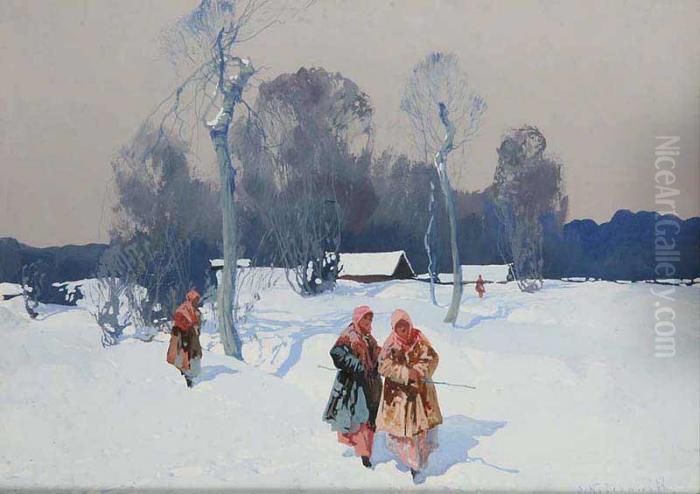A Winter Landscape With Figures Oil Painting by Stepan Feodorovich Kolesnikov