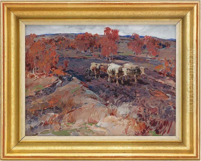 Landscape With Ploughing Bullocks Oil Painting by Stepan Feodorovich Kolesnikov