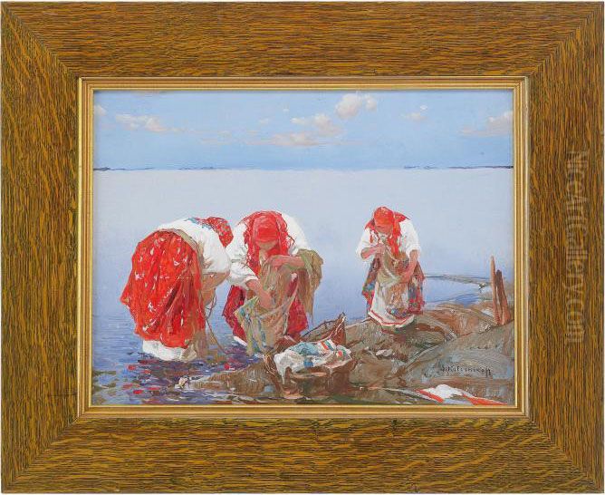 Washerwomen Oil Painting by Stepan Feodorovich Kolesnikov