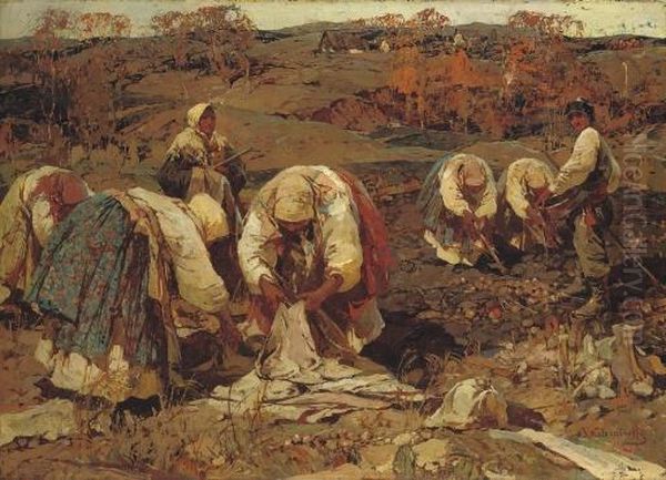 The Potato Harvest In Belorussia Oil Painting by Stepan Feodorovich Kolesnikov