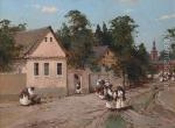 Village Scene Oil Painting by Stepan Feodorovich Kolesnikov