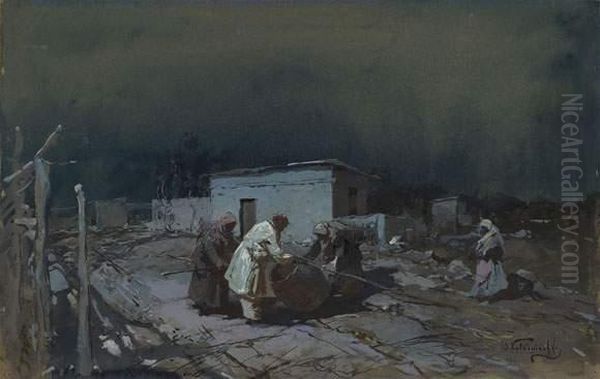 Moonlit Villagers Oil Painting by Stepan Feodorovich Kolesnikov