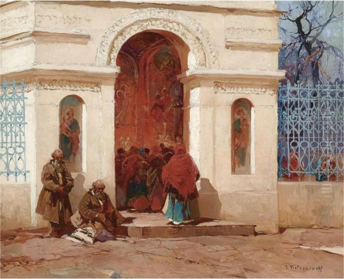 Figures Outside A Church Oil Painting by Stepan Feodorovich Kolesnikov