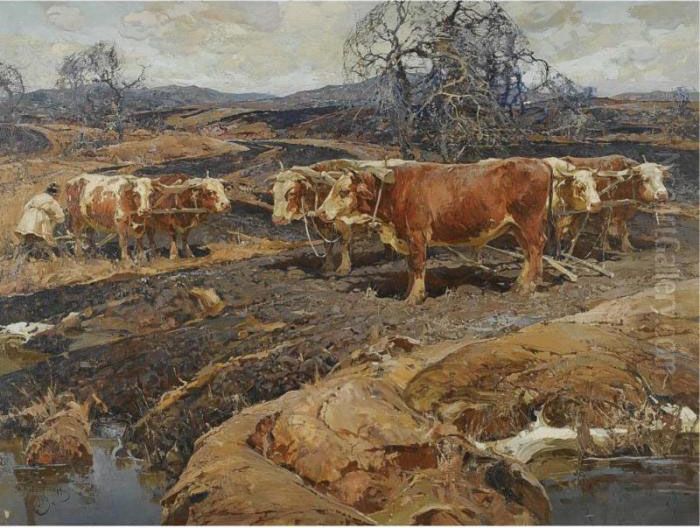 Ploughing The Field Oil Painting by Stepan Feodorovich Kolesnikov