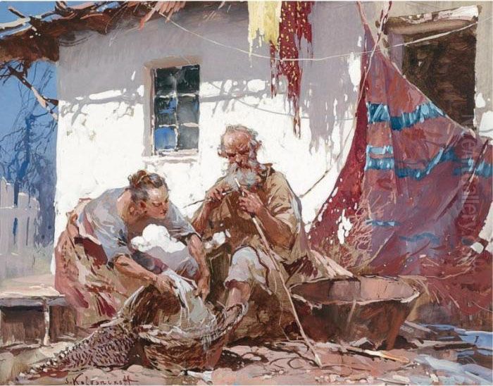 Mending The Nets Oil Painting by Stepan Feodorovich Kolesnikov