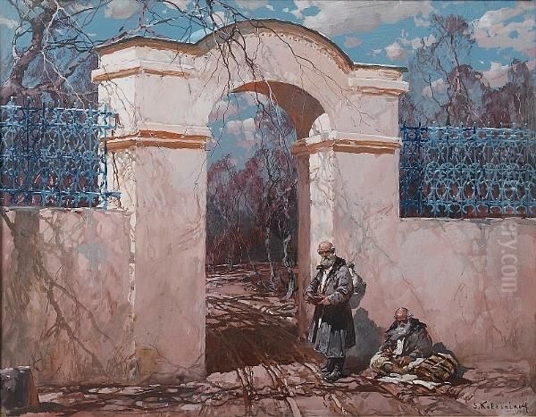 Men Before The Gate Oil Painting by Stepan Feodorovich Kolesnikov