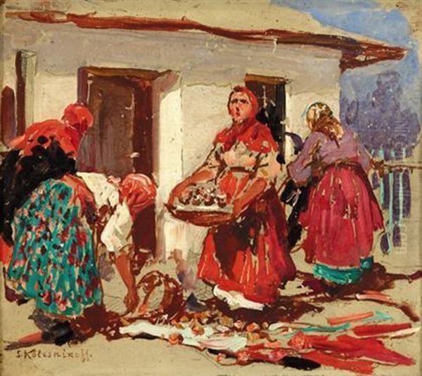 Russian Peasant Women Oil Painting by Stepan Feodorovich Kolesnikov