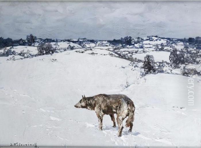 Lone Wolf In The Snow Oil Painting by Stepan Feodorovich Kolesnikov