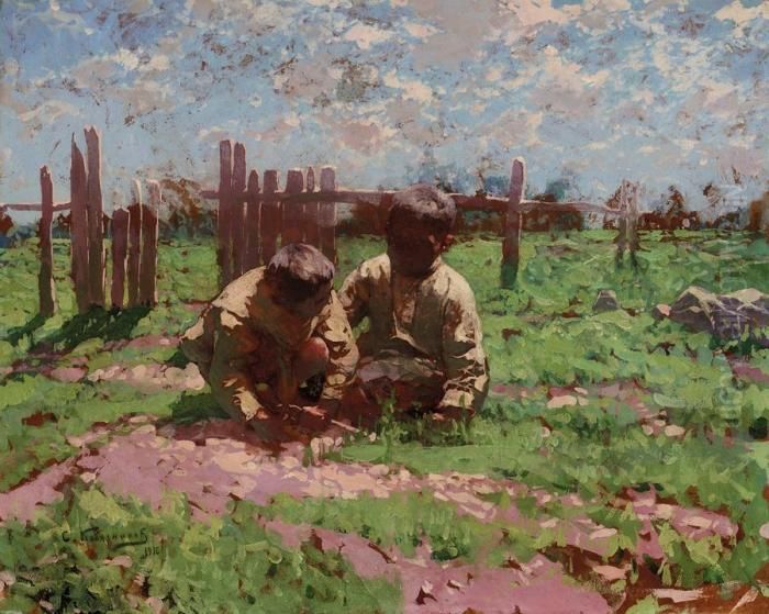 Boys At Play Oil Painting by Stepan Feodorovich Kolesnikov