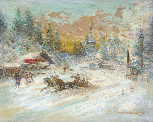 Troika At Dawn Oil Painting by Konstantin Alexeievitch Korovin