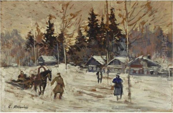 Sledding Through The Village Oil Painting by Konstantin Alexeievitch Korovin