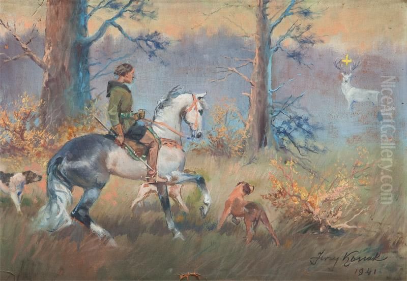 Sw. Hubert Na Lowach Oil Painting by Jerzy Kossak