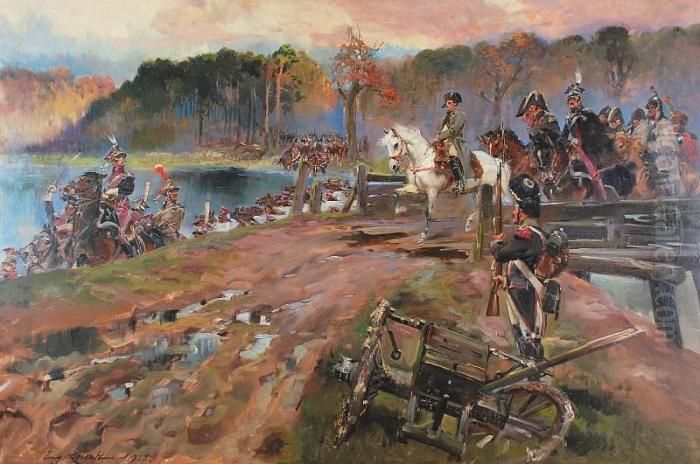 Napoleon Ze Sztabem Przekracza Most Oil Painting by Jerzy Kossak