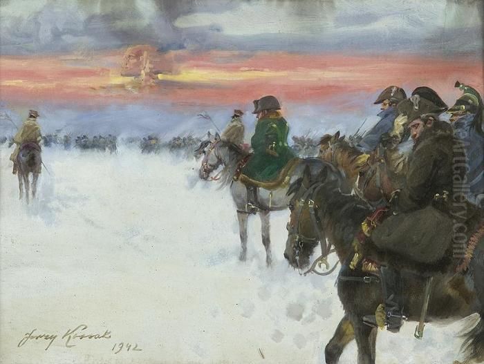 The Retreat Great Army From Moscow Oil Painting by Jerzy Kossak