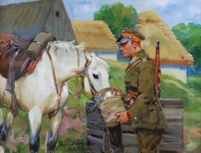 Pojenie Konia Oil Painting by Jerzy Kossak
