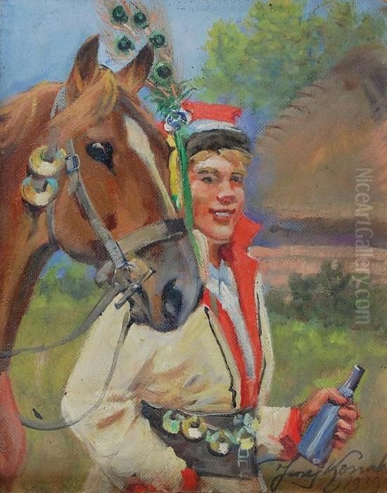Krakowiak Z Koniem I Flaszka Oil Painting by Jerzy Kossak