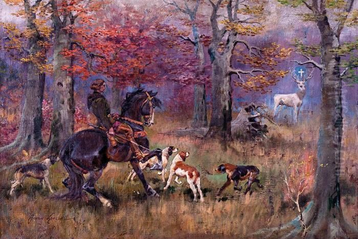 Sw. Hubert Na Koniu Spotyka Sie Z Jeleniem Oil Painting by Jerzy Kossak