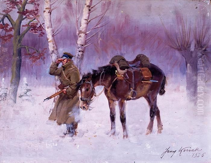 Zolnierz Kop-u Na Patrolu Granicznym Oil Painting by Jerzy Kossak