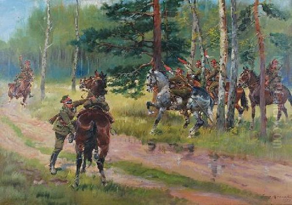 Kawaleria Na Skraju Lasu Oil Painting by Jerzy Kossak
