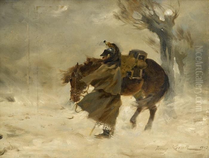Cavalry Officer And His Mount, Winter Oil Painting by Jerzy Kossak