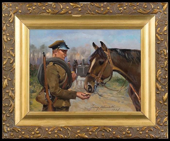 Uhlan Feeding His Horse Oil Painting by Jerzy Kossak