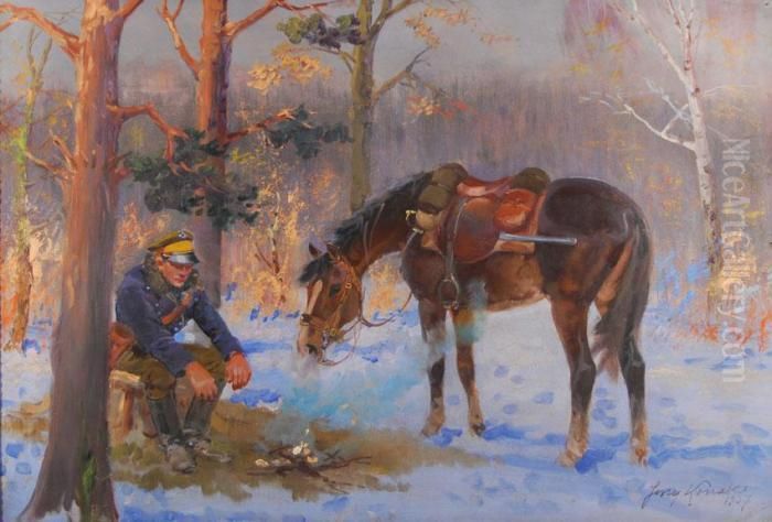 Ulan Przy Ognisku Oil Painting by Jerzy Kossak