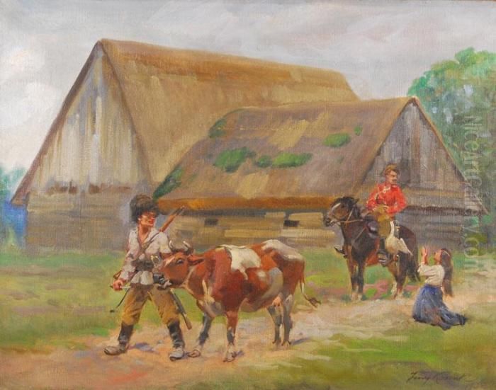 Kozacy I Dziewczyna Oil Painting by Jerzy Kossak