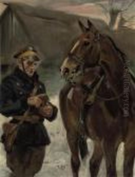 A Dismounted Cavalry Officer Oil Painting by Jerzy Kossak