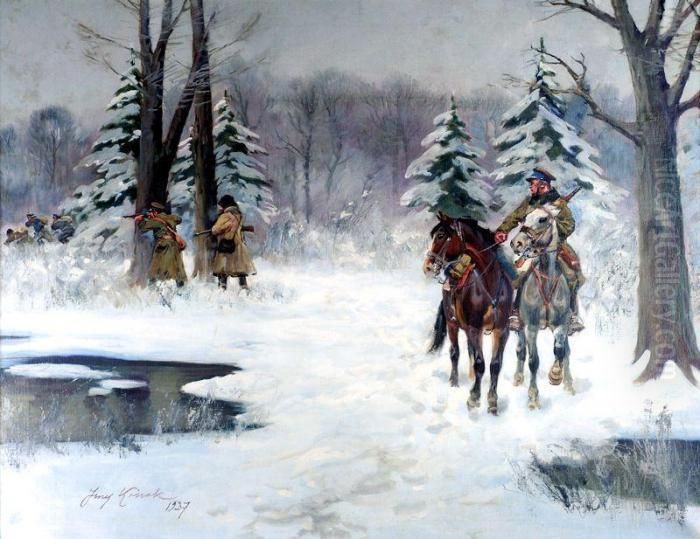 Patrol Oil Painting by Jerzy Kossak