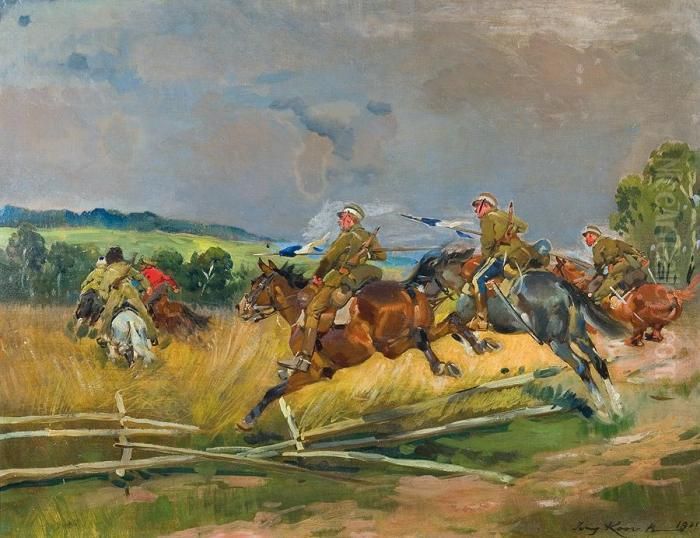 Uhlans In Pursuit After Cossacks Oil Painting by Jerzy Kossak